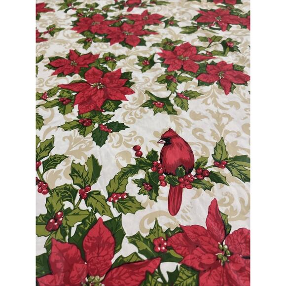 Round 70" Christmas Poinsettia Cardinal Bird Tablecloth Holiday Festive - Picture 2 of 5